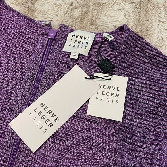 New Herve Leger Purple Metallic Exaggerated Sleeve Mini Dress - Picture 7 of 8